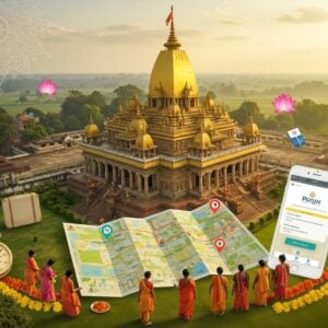 A majestic aerial view of Deopani Durga Mandir, its golden spires gleaming in the warm sunlight against a backdrop of lush green Assamese landscape. The temple's intricate architecture is highlighted, showcasing ornate carvings and vibrant colors. In the foreground, a stylized map unfolds, marked with key locations and routes leading to the temple. A group of diverse Indian pilgrims, dressed in colorful traditional attire, are seen approaching the temple steps. Floating around the scene are iconic elements of a trip planner: a compass, a miniature suitcase, a smartphone displaying the Poojn website, and a garland of marigolds. The sky is adorned with soft, glowing mandalas and lotus patterns. The overall composition blends the serene, spiritual ambiance of the temple with the excitement of travel planning, rendered in a style that combines traditional Indian art forms with modern digital aesthetics.