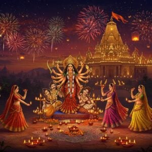 A vibrant, ethereal scene depicting a harmonious blend of Diwali and Navratri celebrations. In the foreground, a group of Indian women in colorful, flowing chaniya cholis perform Garba dance around a beautifully decorated Navratri altar. The altar features a golden idol of Goddess Durga with multiple arms, each holding traditional weapons. Surrounding them, intricate rangoli patterns in bright colors adorn the ground, with small oil lamps (diyas) placed along the edges, their flames flickering softly. In the background, a grand Indian temple illuminated with thousands of twinkling lights stands majestically against a night sky filled with bursting fireworks in gold, red, and green. Floating lanterns and sparkling sparklers add to the magical atmosphere. The scene is rendered in a style that combines the intricate detailing of Madhubani art with modern digital techniques, using a rich palette of deep maroons, saffron, peacock blues, and lustrous golds. Soft, glowing auras surround the celebrants and the temple, creating a dreamlike, spiritual ambiance that captures the joy and light of both festivals.