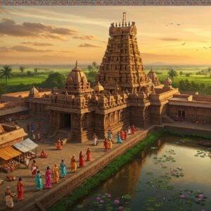 A majestic aerial view of Draksharama temple complex at sunset, its intricate Dravidian architecture glowing in golden light. In the foreground, a group of Indian pilgrims in colorful traditional attire walk along a winding path lined with ancient banyan trees. To the left, a vibrant local market scene with stalls selling handicrafts and sacred offerings. To the right, a serene pond with lotus flowers, reflecting the temple's silhouette. The sky is painted in warm hues of orange and pink, with wisps of clouds. In the distance, lush green fields and palm groves stretch to the horizon. The scene is rendered in a style blending hyperrealism with the rich, deep colors of Madhubani art, featuring intricate patterns and cultural motifs subtly woven into the landscape. The overall composition should evoke a sense of timeless spirituality and cultural richness.