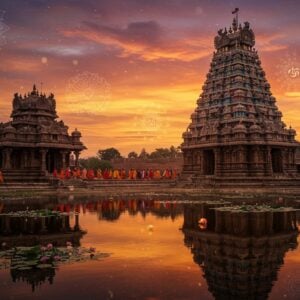 A majestic ancient Dravidian-style temple with intricate carved stone walls and towering gopuram, set against a vibrant orange and pink sunset sky. In the foreground, a serene lotus pond reflects the temple's image. Indian pilgrims in colorful traditional attire walk along a stone path towards the temple entrance. Soft, golden light illuminates the scene, creating a mystical atmosphere. Stylized mandalas and spiritual symbols float ethereally in the air. The art style blends photorealistic details with surreal, dreamy elements. Rich, deep colors of maroon, saffron, and peacock blue dominate, with touches of soft pastels. Intricate Madhubani-inspired patterns adorn the temple walls and surrounding nature.