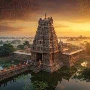 A majestic aerial view of Draksharama Temple, illuminated by golden sunlight at dawn. The temple's ornate gopuram towers prominently, adorned with intricate Dravidian sculptures and vibrant colors. In the foreground, a serene lotus pond reflects the temple's grandeur. Devotees in colorful traditional attire walk along the temple's perimeter. The surrounding landscape showcases lush greenery and coconut palms. A soft mist lingers, creating an ethereal atmosphere. The scene is rendered in a style blending hyperrealism with elements of Madhubani and Pattachitra art, featuring rich, deep colors like saffron, maroon, and peacock blue. Intricate mandala patterns and spiritual symbols subtly overlay the sky, adding a mystical touch. The overall composition exudes a sense of ancient wisdom and modern spirituality, inviting viewers to explore the temple's secrets.