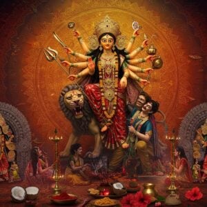 A majestic, golden statue of Goddess Durga with ten arms, riding a lion, emerging from a swirling, ethereal mandala background in vibrant hues of saffron, deep red, and royal blue. Each hand holds a different divine weapon intricately detailed. The Goddess wears a flowing red and gold saree, adorned with ornate jewelry. Around her, a vibrant scene unfolds: devotees in colorful traditional Bengali attire perform various puja rituals, offering flowers and incense. Elaborate pandals with intricate Madhubani and Pattachitra-inspired designs frame the scene. In the foreground, an array of puja essentials - brass lamps, coconuts, red hibiscus flowers, and sandalwood paste - are artfully arranged. The overall composition blends traditional Indian art styles with modern digital aesthetics, creating a surreal, glowing atmosphere with soft light emanating from the Goddess and the ritual elements. The image captures the essence of devotion, celebration, and cultural richness of Durga Puja.