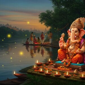 A serene Indian riverbank at dusk, illuminated by soft golden light. In the foreground, a beautifully crafted clay Ganesha idol adorned with vibrant marigolds and eco-friendly decorations. The idol sits on a bamboo platform surrounded by glowing diyas made from coconut shells. Behind, a group of diverse Indian families in colorful traditional attire are seen performing aarti with brass plates. The river reflects the scene, creating a mirror image effect. Lush green trees line the banks, with some leaves fashioned into eco-friendly decorations. In the background, a subtle cityscape silhouette suggests modernity. The art style blends Madhubani patterns in the water and sky with digital painting techniques, using a palette of deep maroons, saffron, turquoise, and gold. Fireflies add a magical touch to the scene, symbolizing hope and sustainability.