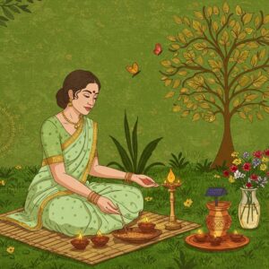 A serene Indian woman in a pale green, eco-friendly saree performs a puja ritual in a lush garden setting. She's seated on a bamboo mat, surrounded by sustainable puja items: clay diyas with beeswax candles, a copper kalash filled with water, and fresh flowers in a recycled glass vase. Nearby, a small solar-powered lamp emits a soft, golden glow. In the background, a stylized tree with leaves forming a mandala pattern symbolizes nature and spirituality. The scene is rendered in a blend of Madhubani and digital art styles, with intricate patterns and a palette of earthy greens, warm golds, and soft blues. Butterflies and birds hover around, emphasizing harmony with nature. A subtle aura of tranquility and mindfulness emanates from the woman, inviting viewers to explore sustainable spiritual practices.