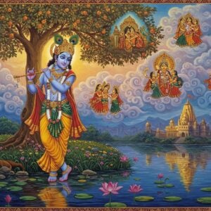 A vibrant, ethereal scene depicting Lord Krishna in his iconic blue-skinned form, playing his divine flute beneath a golden, glowing Kadamba tree. Krishna wears a shimmering yellow dhoti and a peacock feather crown, adorned with intricate gold jewelry. Surrounding him are stylized, swirling clouds in soft pastel hues, with miniature scenes from his legendary tales floating within them. These vignettes include Krishna lifting Mount Govardhan, dancing with gopis, and battling the serpent Kaliya. In the foreground, a tranquil lake reflects the scene, its surface adorned with lotus flowers and ripples forming mandala-like patterns. The background features a grand, ornate temple silhouette merging with a modern cityscape, symbolizing timeless wisdom in the contemporary world. The art style blends traditional Madhubani patterns with modern digital techniques, using rich colors like deep blue, saffron, and gold, creating a mesmerizing and spiritually evocative image.