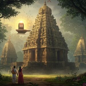 A majestic, ancient Mallikarjuna temple nestled in a lush, misty forest, its ornate spire rising above the canopy. The temple's weathered stone walls are adorned with intricate carvings of deities and mythological scenes, illuminated by soft, golden sunlight filtering through the trees. In the foreground, a young Indian couple in modern clothing stands in awe, the woman pointing towards a hidden path leading to more distant, partially obscured temples. A glowing, ethereal Shiva lingam floats above the scene, surrounded by a mandala of vibrant energy. The art style blends hyperrealistic digital painting with elements of traditional Indian art, featuring rich, deep colors like saffron, maroon, and peacock blue. Hints of lotus flowers and spiritual symbols are subtly woven into the vegetation and stonework, creating a sense of mystery and sacred discovery.