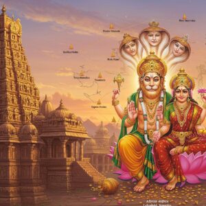 Prompt: A majestic, stylized Indian temple complex with intricate Dravidian architecture, golden spires, and carved pillars, set against a surreal sunrise sky with soft pastel hues. In the foreground, a larger-than-life, ethereal depiction of Lord Narasimha and Goddess Lakshmi, their forms slightly translucent and glowing. Narasimha in his half-man, half-lion avatar, portrayed with a serene expression, adorned with ornate jewelry. Lakshmi seated beside him, radiating divine beauty and grace. The deities are surrounded by a mandala of light, with lotus petals and coins showering around them. In the background, a map of India formed by interconnected golden threads, with small, glowing points indicating famous Lakshmi Narasimha temples across the country. The scene blends traditional Pattachitra art style with modern digital techniques, using a rich color palette of deep maroon, saffron, peacock blue, and gold. Soft, divine light illuminates the entire scene, creating an atmosphere of spiritual grandeur and mystique.