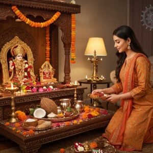 A vibrant Indian home interior with a beautifully decorated puja altar as the focal point. The altar features intricately carved wooden elements with gold accents, adorned with colorful marigold garlands and glowing diyas. A young Indian woman in a elegant, modern salwar kameez arranges puja items on a silver thali - coconut, flowers, incense, and a small idol. Soft, warm lighting bathes the scene, creating a serene atmosphere. In the background, a smartphone displaying the Poojn website is visible on a sleek side table. The art style blends traditional Madhubani patterns in the altar design with contemporary digital illustration techniques, using a rich color palette of deep maroon, saffron, and peacock blue. Ethereal, glowing mandalas float subtly in the air, adding a touch of spirituality and modernity to the scene.