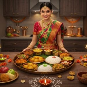 A vibrant Indian kitchen scene with a festive atmosphere. A smiling Indian woman in a colorful sari adorned with gold jewelry stands at the center, presenting a beautifully arranged thali filled with sattvic dishes. The thali contains golden laddoos, vibrant vegetable curries, fluffy rice, and fresh fruits. Surrounding her are decorative elements like marigold garlands, diyas with soft glowing lights, and intricate rangoli patterns on the floor. In the background, a modern kitchen with gleaming stainless steel appliances contrasts with traditional copper and brass utensils. Soft, warm lighting bathes the scene, highlighting the rich colors of the food and decor. The art style combines hyperrealistic digital painting with elements of Madhubani and Pattachitra, featuring intricate patterns and cultural motifs subtly integrated into the kitchen's decor.