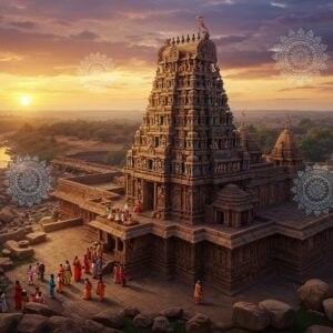 Prompt: A majestic aerial view of the Gadwal Jogulamba Temple at sunset, its intricate Dravidian architecture glowing in warm golden light. The temple's ornate gopuram towers above, adorned with detailed sculptures of Hindu deities. In the foreground, a group of Indian pilgrims in colorful traditional attire approach the temple, their faces filled with reverence. The surrounding landscape shows the confluence of Krishna and Tungabhadra rivers, with lush greenery and ancient rock formations. The sky is painted in vibrant hues of orange and purple, with wisps of clouds. Floating ethereally around the temple are translucent, glowing mandalas and lotus flowers, symbolizing the temple's spiritual significance. The scene is rendered in a style blending hyperrealistic digital art with elements of traditional Indian Madhubani and Pattachitra, using rich, deep colors like saffron, maroon, and peacock blue. The overall image conveys a sense of timelessness, spirituality, and the merging of ancient tradition with modern pilgrimage.