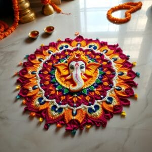 A vibrant, intricate rangoli design on a polished marble floor, featuring Lord Ganesha's face at the center. The rangoli is created with colorful flower petals, rice flour, and sparkling gemstones. Surrounding Ganesha are elaborate mandala patterns, peacock feathers, and lotus motifs in rich hues of saffron, deep red, royal blue, and emerald green. Soft, warm light illuminates the scene, casting a gentle glow on the rangoli. In the background, slightly out of focus, are traditional brass lamps (diyas) and fresh marigold garlands. The composition creates a sense of devotion and celebration, with the rangoli as the focal point, inviting viewers to explore its intricate details.