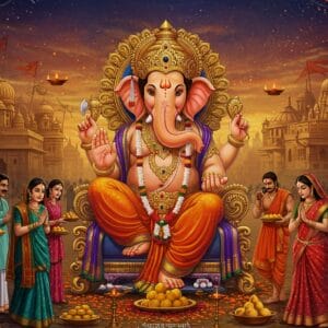 A grand, colorful Ganesh idol, adorned with intricate gold jewelry and vibrant flower garlands, sits at the center of a bustling Indian street. The idol is surrounded by a diverse group of Indian people in traditional attire from different regions, offering prayers and sweets. The background showcases a blend of modern cityscapes and ancient temples, symbolizing the fusion of tradition and modernity. Floating lamps and marigold petals create a magical atmosphere. The scene is illuminated by warm, golden light, with bursts of vibrant colors like saffron, red, and green. Intricate Madhubani-style patterns frame the edges, while a subtle mandala design hovers in the sky. The overall composition exudes joy, devotion, and cultural diversity, capturing the essence of Ganesh Chaturthi celebrations across India.