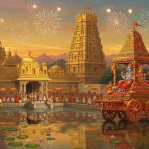 A majestic Indian temple complex with ornate golden gopurams, illuminated by warm, ethereal light. In the foreground, a vibrant procession of devotees in colorful traditional attire, carrying flower garlands and oil lamps. The main deity, Govindaraja, seated on an intricately decorated golden chariot pulled by devotees. Surrounding the scene, floating mandalas and lotus flowers in soft pastels. The sky filled with a magical display of fireworks in gold, saffron, and peacock blue. Blending of Madhubani and digital art styles, with intricate patterns adorning the temple walls and chariot. A serene pond in the foreground reflects the celebratory scene, creating a mirror-like effect. The overall atmosphere exudes joy, devotion, and spiritual energy.