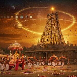 A majestic Dravidian-style temple with ornate gopuram, illuminated by warm golden light, stands as the centerpiece. In the foreground, a vibrant procession of devotees in colorful traditional attire carries an elaborately decorated palanquin with the deity. Intricate floral rangoli patterns adorn the ground, while glowing oil lamps and floating lotus flowers create a magical atmosphere. The sky is painted with hues of saffron and deep blue, dotted with twinkling stars and glowing mandalas. Ethereal streams of light emanate from the temple, symbolizing divine energy. In the background, a stylized representation of the nine planets orbits the scene, hinting at the cosmic significance of the festival. The overall composition blends photorealistic elements with surreal, dreamlike qualities, creating a captivating and spiritually charged image that balances tradition with modern aesthetics.