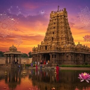 A majestic Govindaraja Temple set against a vibrant orange and purple sunset sky, with intricate Dravidian architecture in golden hues. The temple's gopuram towers over lush greenery, adorned with ornate carvings of Hindu deities and mythological scenes. In the foreground, a serene reflection pool mirrors the temple's grandeur. Devotees in colorful traditional attire offer prayers and light oil lamps. Soft, ethereal light emanates from within the temple, creating a mystical atmosphere. Surrounding the temple are delicate lotus flowers and mandala patterns floating in the air, symbolizing spirituality. The scene blends photorealistic details with surreal elements, creating a dreamlike quality. Art style combines digital painting with elements of Madhubani and Pattachitra, featuring rich colors and intricate patterns.