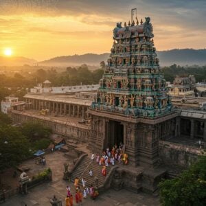 A majestic aerial view of the Govindaraja Temple in Tirupati, illuminated by golden sunrise light. The temple's ornate Dravidian architecture is depicted in intricate detail, with its towering gopuram adorned with colorful sculptures of Hindu deities. In the foreground, a group of devotees in traditional South Indian attire are seen entering the temple, carrying offerings of flowers and fruits. The surrounding landscape features lush greenery and misty hills, symbolizing the sacred Tirumala range. A subtle, ethereal mandala pattern overlays the sky, blending modern digital art with traditional elements. The scene is rendered in a vibrant yet serene color palette of deep blues, rich golds, and earthy terracotta, capturing the spiritual essence of Tirupati. The overall composition balances realism with a touch of surreal beauty, inviting viewers to explore the temple's grandeur.