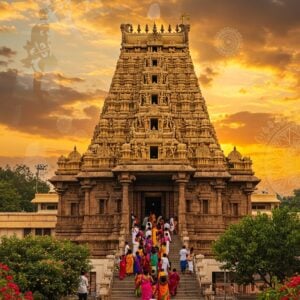 A grand, intricately carved Dravidian-style temple facade of Govindaraja Temple illuminated by warm golden light at sunset. In the foreground, a diverse group of Indian pilgrims in colorful traditional attire ascend the temple steps. The scene is framed by lush green trees and vibrant flowers native to Tirupati. Floating ethereal mandalas and lotus patterns overlay the image, creating a dreamlike atmosphere. The sky features a gradient of saffron and deep blue, with wispy clouds forming the silhouette of Lord Vishnu. Detailed Madhubani-style patterns adorn the temple walls, while a soft glow emanates from the temple's inner sanctum. The overall composition balances realism with surreal elements, emphasizing the temple's spiritual significance and beauty.