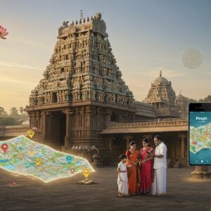 A serene, surreal scene of the majestic Govindaraja Temple in Tirupati, illuminated by soft, golden light at dawn. The temple's ornate gopuram towers above, adorned with intricate Dravidian sculptures and vibrant colors. In the foreground, a stylized map of Tirupati floats, with glowing markers indicating nearby hotels and transport hubs. A modern Indian family, dressed in a blend of traditional and contemporary clothing, stands in the temple courtyard, consulting a smartphone with the Poojn app visible on screen. Ethereal, translucent lotus flowers and mandalas frame the scene, creating a dreamy atmosphere. The color palette features deep saffron, peacock blue, and warm gold, with touches of soft pastels. The art style merges traditional Indian Pattachitra techniques with sleek, digital aesthetics, emphasizing both the temple's heritage and modern travel convenience.