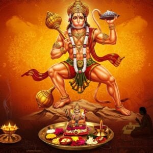 A majestic, muscular Lord Hanuman in a dynamic pose, radiating golden light, set against a vibrant orange and saffron background. He holds a mace in one hand and a mountain in the other, symbolizing strength and devotion. The scene is framed by intricate Madhubani-style borders with tiny monkeys and lotus motifs. In the foreground, a beautifully arranged puja thali with flowers, incense, and a small Hanuman idol. Soft, glowing mandalas float in the air, creating an ethereal atmosphere. The art style blends hyperrealism with traditional Indian art, featuring rich, deep colors and intricate details. A subtle silhouette of a modern Indian family performing puja is visible in the lower right corner, connecting the ancient tradition to contemporary practice.