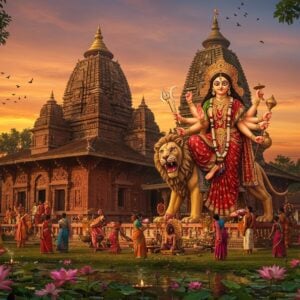 A majestic Durga temple in Assamese architectural style with ornate carvings and a golden spire, set against a vibrant sunset sky. In the foreground, a larger-than-life, ethereal figure of Goddess Durga emerges, her ten arms holding various weapons, riding a lion. She wears a flowing red and gold sari, adorned with intricate jewelry. The goddess radiates a soft, divine glow. Around the temple, devotees in colorful traditional Assamese attire perform puja rituals, offering flowers and incense. The scene is framed by lush green foliage and blooming lotus flowers in a nearby pond. The art style blends hyperrealistic details with a dreamy, surreal quality, using a rich color palette of deep reds, golds, and emerald greens. Soft, glowing orbs of light float around the temple, creating a mystical atmosphere.