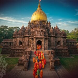 A majestic aerial view of the Hayagriva Madhava Temple, nestled in lush green surroundings. The temple's ornate Ahom-style architecture is prominently featured, with its distinctive beehive-shaped dome glistening in golden hues against a vibrant blue sky. Intricate carvings and sculptures adorn the temple walls, depicting scenes from Hindu mythology. In the foreground, a group of colorfully dressed Indian pilgrims ascend the temple steps, their faces filled with reverence. Soft, mystical light emanates from the temple entrance, creating an otherworldly glow. The scene is rendered in a style that blends traditional Indian art forms with modern digital aesthetics, using rich colors like deep maroon, saffron, and peacock blue. Delicate mandala patterns and lotus motifs frame the image, adding a spiritual touch. The overall composition conveys a sense of ancient grandeur and living tradition, inviting viewers to explore the temple's mysteries.