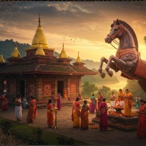 A majestic ancient temple complex with intricate Assamese architecture, its golden spires gleaming in the sunset. In the foreground, a larger-than-life statue of Hayagriva, the horse-headed avatar of Vishnu, rears up dramatically. The statue is adorned with vibrant traditional paintwork and adorned with fresh flower garlands. Devotees in colorful traditional Assamese attire offer prayers and light oil lamps. The surrounding landscape features lush green hills and the mighty Brahmaputra River flowing nearby. Soft, ethereal light bathes the scene, creating a mystical atmosphere. Intricate Madhubani-style patterns frame the image, incorporating motifs of horses, sacred texts, and lotus flowers. The overall color palette is rich with deep maroons, saffron, and peacock blue, balanced with touches of gold leaf detailing. The scene seamlessly blends photorealistic elements with stylized, dreamlike qualities, evoking a sense of timeless spirituality and cultural heritage.