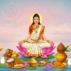 A serene Indian woman in a flowing white and gold sari, sitting in padmasana (lotus position) on a lotus flower floating on calm water. She's surrounded by an ethereal glow, with soft pastel hues of pink and blue in the background. Around her, various traditional Indian foods and fruits associated with fasting are artistically arranged - like fruits, nuts, and milk. Above her, a stylized clock face morphs into a mandala, symbolizing the cyclical nature of fasting. In the foreground, a golden kalash (sacred pot) with coconut and mango leaves represents purity and devotion. The scene is framed by intricate Madhubani-style patterns, featuring motifs of the sun, moon, and stars. The overall composition blends traditional elements with a modern, digital art aesthetic, creating a tranquil yet visually striking image that captures the essence of Hindu fasting practices.