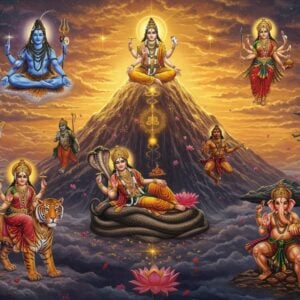 A breathtaking celestial realm with a grand, golden-hued Meru mountain at the center, surrounded by swirling cosmic energies and ethereal clouds. The mountain hosts multiple tiers, each showcasing major Hindu deities in their iconic forms: Lord Shiva in deep meditation on the peak, his blue skin glowing, third eye prominent, crescent moon in his matted locks, holding a trident and damaru drum. Below, Lord Vishnu reclines on the coiled serpent Shesha, with Goddess Lakshmi at his feet. His four arms hold his symbols: conch, discus, mace, and lotus. Goddess Durga rides her tiger, wielding multiple weapons, her face serene yet powerful. Lord Ganesha sits cross-legged, his elephant head adorned with jewels, holding his broken tusk and a modak sweet. Lord Hanuman leaps dynamically, carrying a mountain, his body a vibrant orange. Radiant beams connect these deities, symbolizing their interconnectedness. The scene is framed by intricate mandala patterns and floating lotus flowers. The art style blends hyperrealistic details with ethereal, dream-like qualities, using a palette of deep, rich colors accented with glowing golden light.