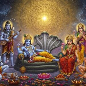 A grand, ethereal scene depicting a celestial gathering of Hindu deities on a cosmic stage. In the center, Lord Vishnu with blue skin, four arms holding conch, chakra, mace, and lotus, reclines on the coiled serpent Shesha. To his right, Goddess Lakshmi in a red and gold saree sits on a lotus. On the left, Lord Shiva in meditation pose, with ash-smeared skin, tiger skin wrap, and a crescent moon in his matted hair. Goddess Saraswati in white, playing the veena, floats above. Lord Ganesha with his elephant head and rotund body stands nearby, holding a modak. Lord Hanuman, in his powerful monkey form, kneels in devotion. The background showcases a massive, intricate golden mandala radiating divine light. Swirling galaxies and stars fill the cosmic expanse. The foreground features offerings of colorful flowers, flickering diyas, and wisps of fragrant incense smoke. The art style blends hyper-realistic digital painting with elements of traditional Indian art, using a palette of deep, rich colors accented with glowing highlights and soft, ethereal mist.