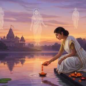 A serene Indian woman in a white saree performing a ritual by a tranquil river at dusk. She's gently releasing a small, glowing diya with marigolds into the water. Behind her, a softly illuminated temple with intricate Madhubani-style patterns. The sky is a blend of soothing pastel purples and oranges. Ethereal, translucent silhouettes of departed loved ones float above, emanating a warm, comforting light. Lotus flowers and delicate mandalas frame the scene. The art style combines traditional Indian elements with modern digital techniques, creating a dreamlike, spiritual atmosphere. Soft focus and gentle lighting emphasize the theme of healing and transition.