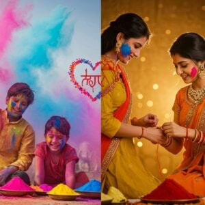 A vibrant, split-screen composition showcasing Holi and Raksha Bandhan celebrations. On the left, a joyous Holi scene with Indian siblings throwing colorful powders, their faces and traditional clothes splattered with vibrant hues of pink, blue, green, and yellow. On the right, a serene Raksha Bandhan scene with a sister tying a ornate rakhi on her brother's wrist, both dressed in elegant, modern Indian attire. The background transitions from a riot of colors on the Holi side to a warm, golden glow on the Raksha Bandhan side. Floating between the scenes, a stylized heart made of colorful powder and rakhi threads, symbolizing the connection between the festivals. The art style blends traditional Indian motifs with contemporary digital illustration, featuring intricate patterns and cultural symbols subtly woven into the composition. Soft, ethereal lighting enhances the festive and emotional atmosphere, with gentle sparkles and light flares adding a touch of magic to the scene.