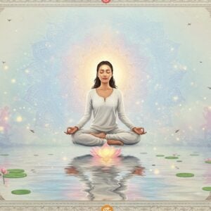 A serene Indian woman in a flowing white yoga outfit sits in lotus position, floating above a tranquil lotus pond. Her eyes are closed, face peaceful, surrounded by a soft golden aura. Behind her, a large, ethereal mandala in pastel blues and pinks radiates outward. Soft beams of light filter through, creating a dreamy atmosphere. In the foreground, stylized yoga poses are subtly integrated into the water's reflection. The scene is framed by intricate Madhubani-style borders featuring spiritual symbols. The color palette is dominated by soothing pastels - light blue, pale pink, and warm gold. Glowing fireflies or small orbs of light float gently around the woman, symbolizing inner enlightenment. The overall image blends traditional Indian art elements with modern digital techniques, creating a surreal and inviting scene of spiritual tranquility.