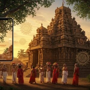 A majestic, intricately carved stone temple structure in South Indian Dravidian style, illuminated by warm golden light at sunset. The temple's gopuram is adorned with detailed sculptures of Hindu deities and mythological scenes. In the foreground, a group of diverse Indian pilgrims in colorful traditional attire approach the temple, carrying offerings of flowers and fruits. The scene is framed by lush tropical vegetation and ancient banyan trees. Soft, glowing mandalas float in the air, creating a mystical atmosphere. A subtle, translucent overlay of a smartphone screen showing the Poojn app interface is visible in one corner, seamlessly blending modern technology with ancient spirituality. The art style combines hyperrealistic digital painting with elements of traditional Madhubani and Pattachitra, featuring rich colors like deep maroon, saffron, and peacock blue.