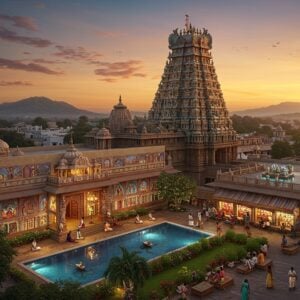 A majestic aerial view of Jogulamba Temple at sunset, its ornate gopuram glowing in warm golden light. In the foreground, a luxurious modern hotel with traditional Indian architectural elements. The hotel's facade features intricate Madhubani-style murals. A serene pool reflects the temple's silhouette. Well-dressed Indian tourists relax in the hotel's garden, some performing yoga. Nearby, a row of shops and restaurants with colorful awnings line a bustling street. In the distance, the Alampur hills create a picturesque backdrop. The scene is rendered in a style blending hyper-realistic digital art with elements of Pattachitra, using a rich palette of deep maroons, saffron, and peacock blue. Soft, ethereal lighting enhances the spiritual ambiance, with subtle mandala patterns in the sky.