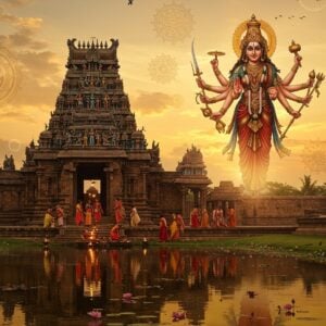 A majestic ancient stone temple with intricate Dravidian architecture, its gopuram adorned with colorful sculptures of Hindu deities. In the foreground, a serene lotus pond reflects the temple's image. A group of devotees in vibrant traditional Indian attire perform a puja ritual near the entrance. The sky is a warm golden hue of sunset, with ethereal light emanating from the temple's sanctum. Floating mandalas and sacred geometry patterns surround the temple, giving it a mystical aura. In the background, a stylized representation of Goddess Jogulamba in her fierce form, with multiple arms holding various weapons, emerges from the temple silhouette. The scene is rendered in a style blending hyper-realistic details with surreal, dreamlike elements, using a rich color palette of deep reds, golds, and blues. Soft, glowing orbs of light scatter around the temple, symbolizing divine presence.