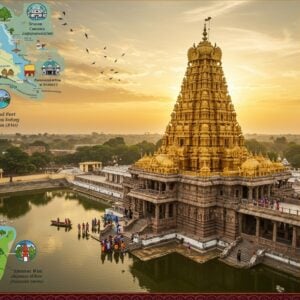 A majestic aerial view of the Jogulamba Temple complex, its golden spire gleaming in the sunlight. The temple is surrounded by lush greenery and a serene lake reflecting the sky. In the foreground, a group of Indian tourists in colorful traditional attire explore the temple grounds. To the left, a stylized map highlights nearby attractions with miniature icons of Gadwal Fort, Jurala Dam, and Nallamala Forest. The right side features a collage of these attractions seamlessly blended into the scene. The sky is a warm gradient of saffron and blue, with wispy clouds forming the shape of a compass. The entire image is rendered in a style that combines the intricacy of Madhubani art with modern digital techniques, using a palette of deep maroon, gold, peacock blue, and forest green. Mandala patterns and lotus motifs subtly frame the composition, giving it a spiritual and inviting aura.