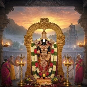 A grand, ornate South Indian temple adorned with intricate gold carvings and vibrant Dravidian architecture, set against a backdrop of misty Tirumala hills at sunrise. In the foreground, a beautifully decorated Lord Venkateswara idol stands tall, adorned with precious jewels and a majestic crown. Surrounding the deity are elaborate floral arrangements of jasmine and marigolds. Devotees in colorful traditional attire offer prayers, while sacred flames from golden lamps illuminate the scene. Ethereal light beams pierce through the temple's ornate pillars, creating a divine atmosphere. The entire image is rendered in a style blending hyperrealism with the richness of Tanjore paintings, featuring deep, saturated colors and intricate detailing. A subtle, shimmering mandala pattern overlays the sky, symbolizing divine energy.