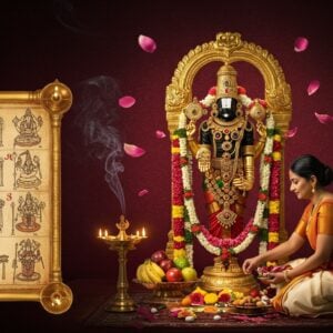 A serene Indian home altar with a golden statue of Lord Venkateswara adorned with flowers and jewels, illuminated by soft, glowing diyas. A devotee in traditional attire performs puja, offering flowers and fruits. The background features intricate Madhubani-style patterns in rich maroon and peacock blue. Floating lotus petals and swirling incense smoke create an ethereal atmosphere. A step-by-step puja guide manifests as shimmering, translucent golden scrolls hovering nearby. The scene blends photorealistic details with surreal, spiritual elements, bathed in a warm, divine light.