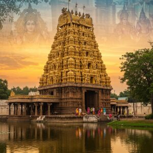 A majestic, golden-hued Dravidian-style temple tower (gopuram) of Kalyana Venkateswara Swamy Temple rises against a vibrant sunset sky. The temple's intricate carvings and sculptures come to life with a soft, ethereal glow. In the foreground, a serene lotus pond reflects the temple's grandeur. Devotees in colorful traditional attire offer prayers and perform rituals. The scene is framed by lush greenery and ancient banyan trees. A subtle, translucent overlay of a divine wedding scene featuring Lord Venkateswara and Goddess Padmavati adds a mystical touch. The art style blends photorealistic details with dreamy, watercolor-like effects, emphasizing the temple's spiritual significance and historical importance.