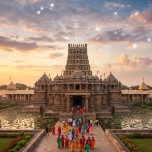 A majestic aerial view of the Kalyana Venkateswara Temple at dawn, with golden sunlight illuminating its ornate Gopuram. The temple's intricate architecture is rendered in a blend of realistic and stylized Indian art, featuring rich colors of deep maroon, saffron, and gold. Surrounding the temple are lush gardens with blooming lotus flowers and a serene water body reflecting the temple's grandeur. In the foreground, a diverse group of Indian devotees in colorful traditional attire are seen entering the temple premises, creating a sense of movement and anticipation. The sky above is adorned with soft, glowing mandala patterns and ethereal clouds in pastel hues of pink and blue. A subtle, translucent overlay of a celestial clock face spans across the image, symbolizing the temple timings and visit planning. The overall scene exudes a spiritual and inviting atmosphere, balancing traditional elements with a modern, digital art aesthetic.