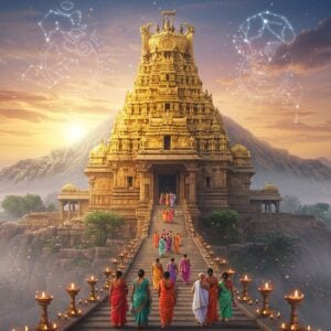 Prompt: A majestic, golden-hued Venkateswara temple with ornate Dravidian architecture, emerging from misty hills at sunrise. In the foreground, a diverse group of Indian pilgrims in colorful traditional attire ascend wide, ancient stone steps. Intricate mandala patterns and lotus motifs adorn the temple's facade. Soft, ethereal light bathes the scene, creating a serene and spiritual atmosphere. Glowing diyas and floating flowers line the path. In the sky, subtle outlines of cosmic constellations form Lord Vishnu's symbols. The art style blends hyperrealistic digital painting with elements of Madhubani and Pattachitra, featuring rich, deep colors and fine details. A gentle aura of divine energy surrounds the temple, depicted through subtle, shimmering golden particles in the air.