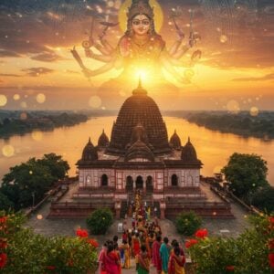 A majestic aerial view of Kamakhya Temple atop Nilachal Hill, its distinct beehive-shaped dome glowing in warm golden light against a vibrant sunset sky. The Brahmaputra River flows serenely below, reflecting the temple's radiance. In the foreground, a group of devotees in colorful traditional Assamese attire ascend the temple steps, carrying offerings of flowers and incense. The scene is framed by lush green foliage and blooming red hibiscus flowers, symbolizing the Goddess. Intricate Madhubani-style patterns overlay the sky, depicting myths associated with Kamakhya. A subtle, ethereal silhouette of Goddess Kamakhya emerges from the temple's aura, her multiple arms holding various symbols of power and creation. The overall atmosphere blends reverence, mystery, and spiritual energy, with a dreamy, surreal quality enhanced by soft, glowing orbs of light scattered throughout the image.