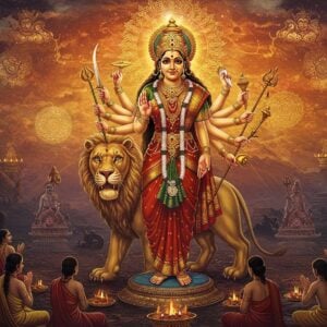 Prompt: A majestic, golden-hued Goddess Kanaka Durga standing atop a lion, radiating divine power against a backdrop of a stylized Indrakeeladri hill. She has multiple arms holding traditional weapons and mudras, adorned with ornate jewelry and a vibrant red and gold sari. Her face is serene yet powerful, with a golden aura surrounding her. The scene is set in a dreamlike ethereal space with floating lotus flowers, intricate mandalas, and swirling energy patterns in shades of saffron, deep blue, and maroon. Devotees in modern Indian attire are seen offering prayers at the base of the image. The art style blends hyperrealistic digital painting with elements of traditional Madhubani and Tanjore art, creating a stunning visual that bridges ancient mythology with contemporary aesthetics.