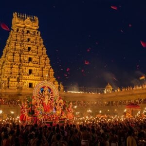 A majestic golden Kanaka Durga temple illuminated against a deep indigo night sky, its ornate gopuram adorned with intricate Madhubani-style patterns in vibrant saffron and peacock blue. In the foreground, a crowd of devotees in colorful traditional Indian attire, their faces lit by the warm glow of countless oil lamps and sparklers. A procession carries an elaborately decorated idol of Goddess Durga on a flower-bedecked palanquin, surrounded by dancers performing classical Indian dance forms. Floating lotus flowers and petals in various pastel hues drift through the air, creating a mystical atmosphere. The scene is framed by stylized mandala patterns in shimmering gold, with hints of modern digital effects blending seamlessly with the traditional elements.