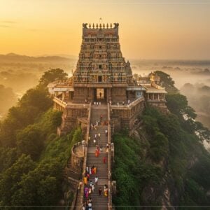 A majestic aerial view of Kanaka Durga Temple atop Indrakeeladri Hill, illuminated by golden sunset light. The ornate Dravidian-style gopuram towers above, adorned with intricate carvings and vibrant colors. In the foreground, a winding stairway leads pilgrims up the hill, their colorful traditional attire contrasting against the lush greenery. The Krishnaveni River flows serenely at the base, reflecting the temple's grandeur. Soft, ethereal mist surrounds the temple, creating a mystical atmosphere. Indian artistic elements like stylized mandalas and lotus patterns frame the scene. The overall composition balances realism with a touch of surrealism, emphasizing the temple's spiritual significance and architectural beauty.