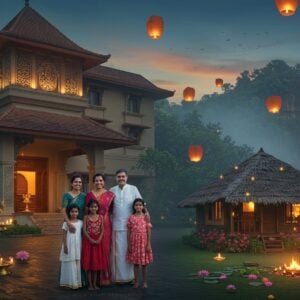 A serene Indian family of four (parents and two children) standing in front of a luxurious, modern hotel facade with traditional Indian architectural elements. The hotel exterior blends contemporary design with intricate Dravidian-style carvings and a grand entrance adorned with brass lamps. In the background, a misty silhouette of Kapila Theertham waterfall is visible. The scene is bathed in warm, golden evening light, creating a welcoming atmosphere. To the side, a cozy homestay cottage with a thatched roof and colorful flower garden can be seen. The family members wear a mix of modern and traditional Indian attire, symbolizing the blend of comfort and culture. Floating lotus flowers and soft, glowing lanterns frame the image, adding a touch of magic and spirituality. The overall color palette includes deep blues, warm golds, and earthy browns, with pops of vibrant colors from flowers and traditional textiles.