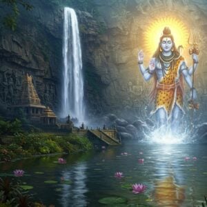 A majestic Lord Shiva emerging from a waterfall, his form ethereal and glowing with divine light. The waterfall cascades down a cliff face adorned with intricate Dravidian-style carvings. In the foreground, a serene pond reflects the scene, surrounded by lush tropical vegetation. Shiva holds his trident and damaru drum, with a crescent moon in his matted hair. The background features a grand temple structure with gopuram towers. Soft, mystical light bathes the entire scene, creating an atmosphere of spiritual awe. Art style blends hyperrealism with elements of traditional Indian painting, using a palette of deep blues, golds, and earth tones. Incorporates subtle mandala patterns and lotus motifs in the water and foliage.