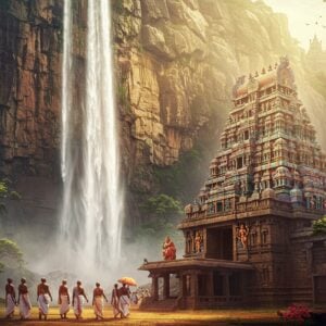 A majestic waterfall cascading from a towering cliff face, its misty spray illuminated by golden sunlight. At the base, a intricately carved ancient Hindu temple in traditional Dravidian architecture style, its gopuram adorned with colorful sculptures of deities. The temple is nestled amidst lush greenery and vibrant flowers. In the foreground, a group of Indian pilgrims in traditional attire approach the temple, their faces filled with reverence. The scene is framed by stylized mandala patterns in soft, glowing pastels. The overall atmosphere is serene and spiritual, with a soft, ethereal quality to the light. The art style blends hyperrealistic details with elements of traditional Indian art, featuring rich, deep colors like saffron, maroon, and peacock blue.