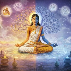 A serene Indian woman in a flowing white and gold sari, seated in lotus position on a transparent cosmic wheel. The wheel is intricately designed with Hindu symbols and mandalas, representing karma. Half of her body is illuminated in warm, golden light, while the other half is in cool, blue shadow, symbolizing positive and negative actions. Around her, ethereal threads of light connect various objects and scenes - a hand offering food to a beggar, a person studying diligently, an act of kindness - each glowing with its own unique color. In the background, a large, stylized tree of life with leaves made of tiny, shimmering actions and consequences. The scene is set in a dreamy, star-filled galaxy, with soft, glowing nebulas in pastel hues. Lotus flowers and peacock feathers float gently around the edges of the image. The art style blends traditional Madhubani patterns with modern digital painting techniques, creating a harmonious fusion of ancient wisdom and contemporary aesthetics.