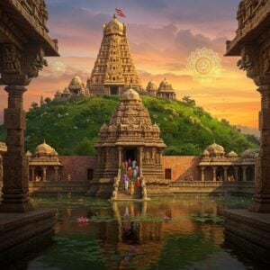 A majestic ancient South Indian temple complex perched atop a lush green hill, its ornate gopuram reaching towards a vibrant sunset sky. In the foreground, a serene lotus pond reflects the temple's golden-hued structure. Devotees in colorful traditional attire climb stone steps leading to the temple entrance. The scene is framed by intricately carved stone pillars and arches adorned with Hindu deities. Soft, ethereal light bathes the entire scene, creating a mystical atmosphere. The art style blends hyper-realistic digital painting with elements of Madhubani and Pattachitra, featuring rich, deep colors like saffron, maroon, and peacock blue. Glowing mandalas and spiritual symbols float subtly in the air, adding to the divine ambiance. The overall composition evokes a sense of spiritual journey and tranquility.